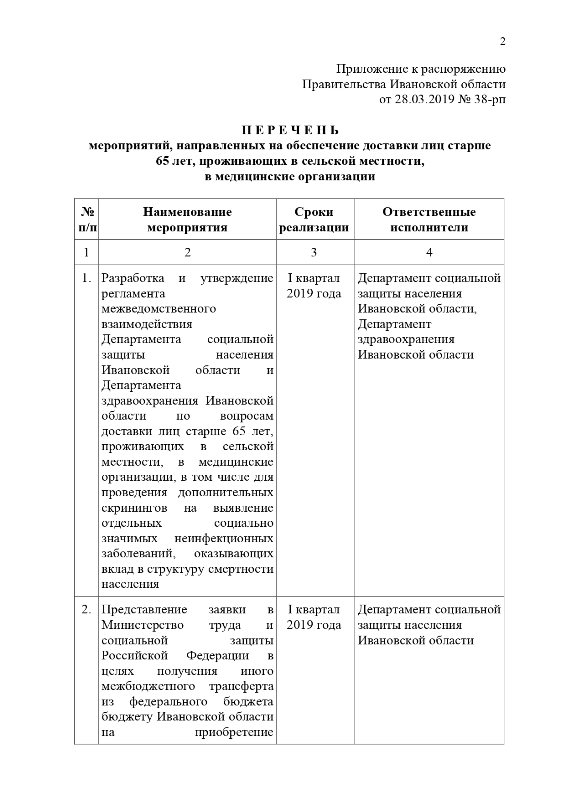 Распоряжение Правительства Ивановской области от 28.03.2019 №38-рп «Об утверждения перечня мероприятий, направленных на обеспечение доставки лиц старше 65 лет, проживающих в сельской местности, в медицинские организации»